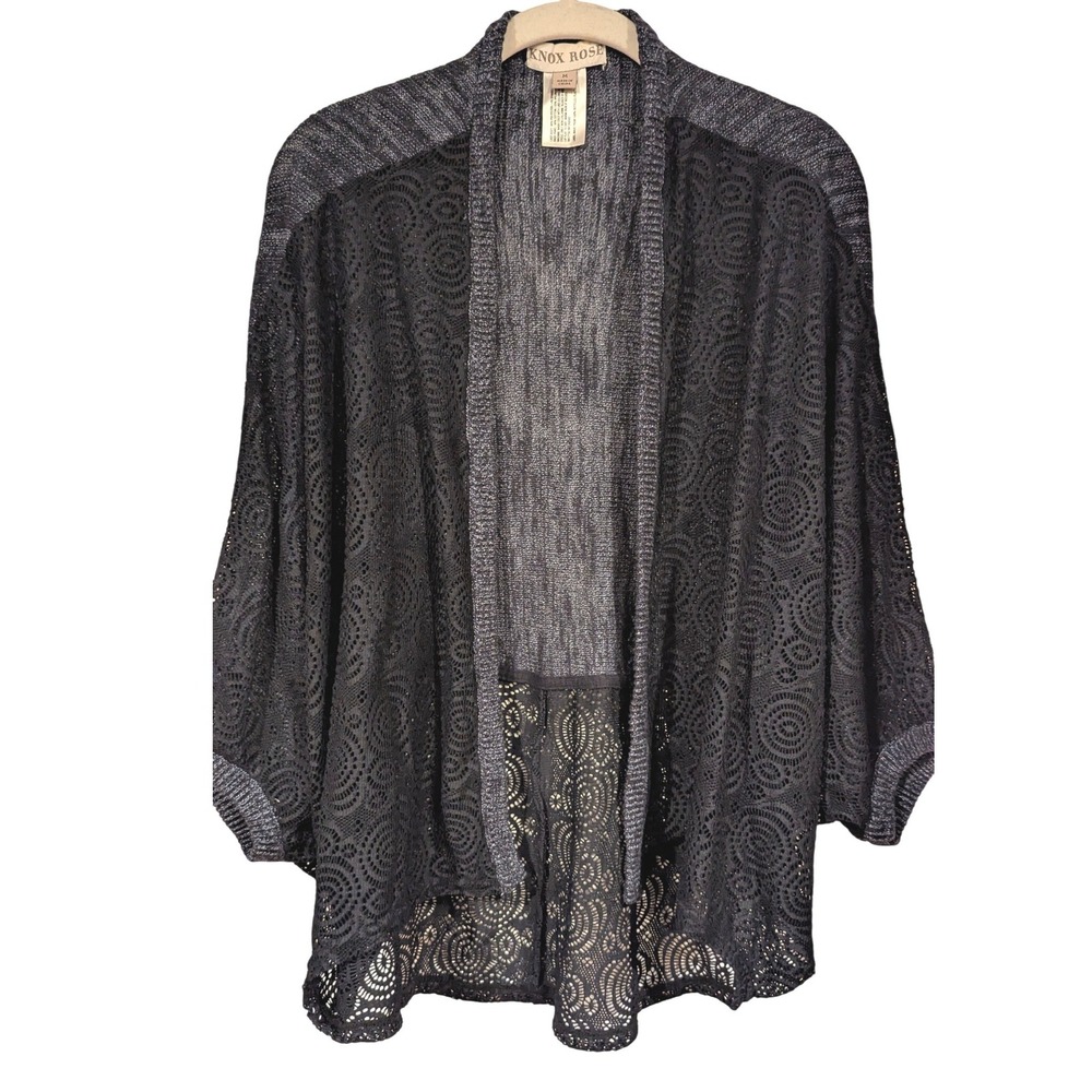 KNOX‎ ROSE Lace Trim Knit Open Front Kimono Cardigan Navy Blue Size M